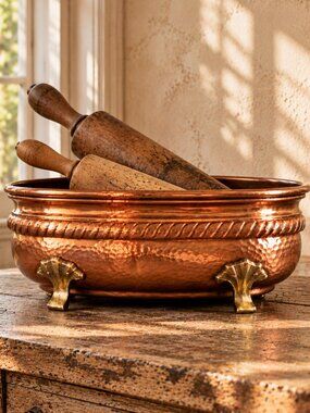 Vintage Hammered Copper Jardinière Planter With Cast Brass Claw Feet